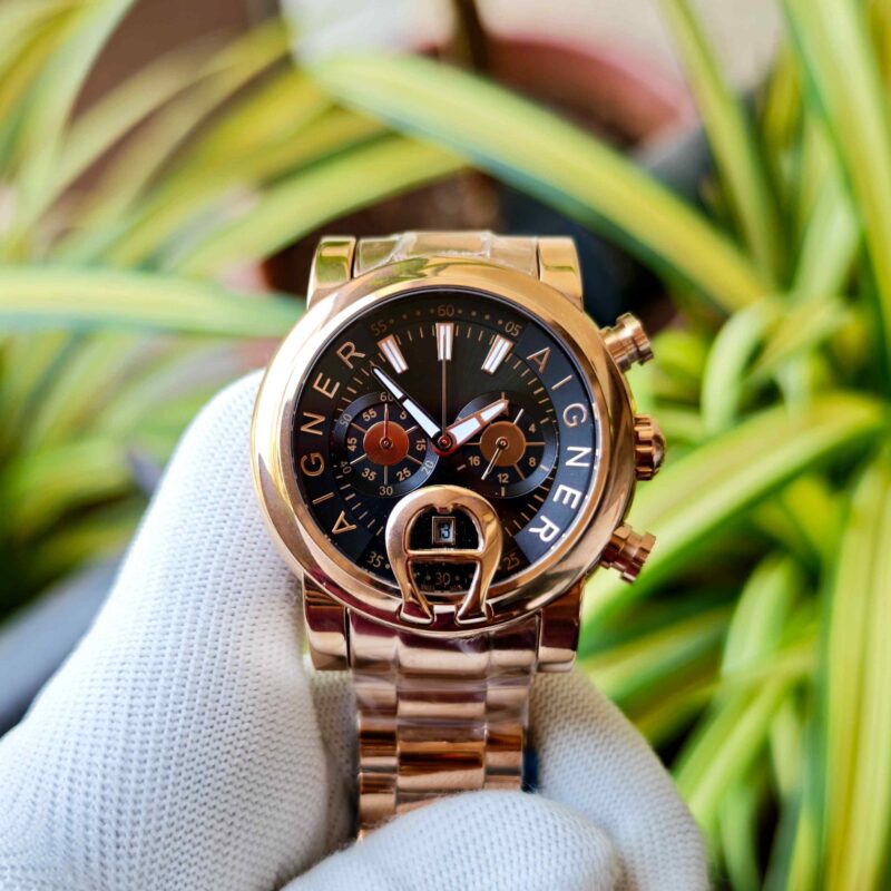 Aigner Bari Chronograph Steel Black Dial Rose Gold Steel Strap