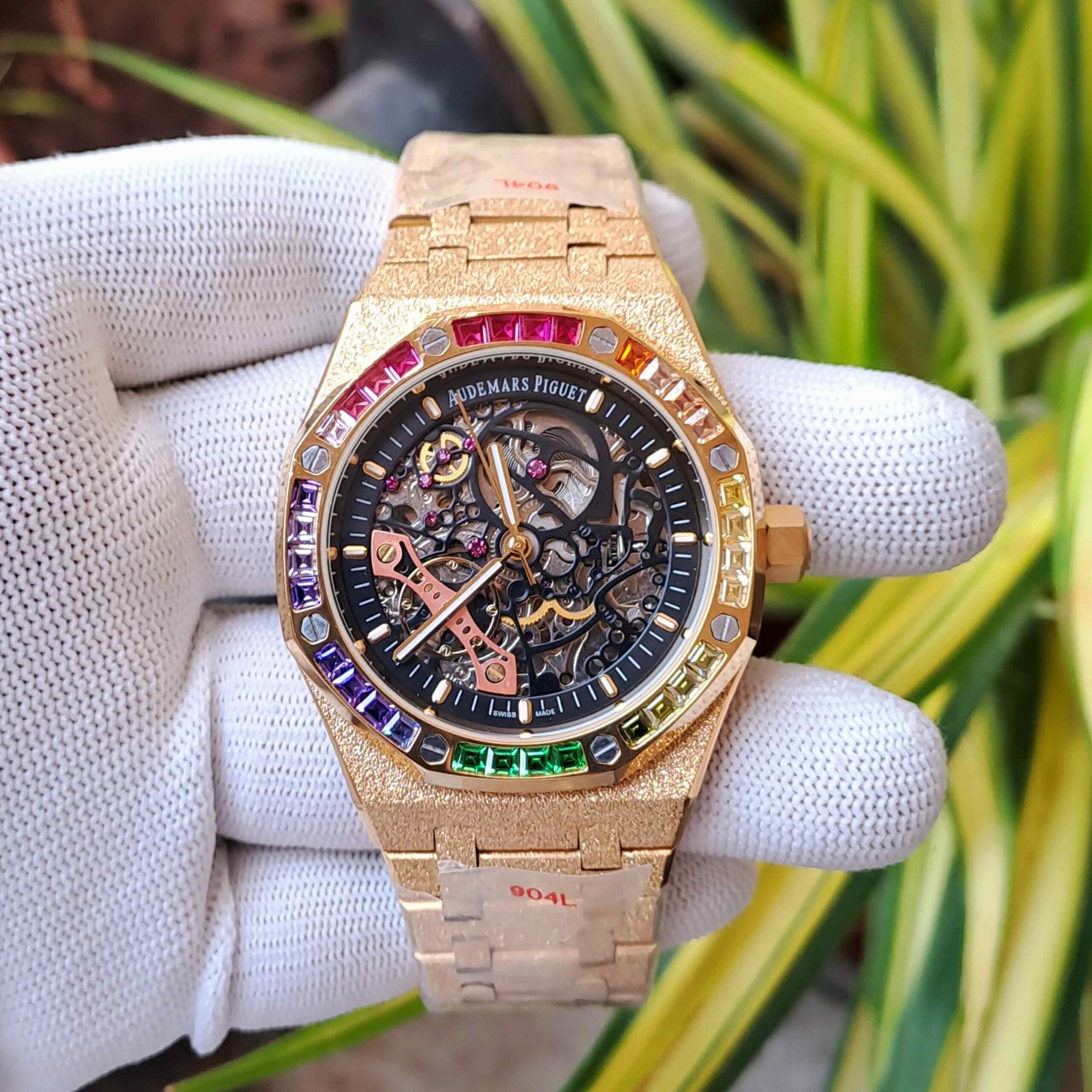 Audemars Piguet Royal Oak Full Golden Black Skeleton Dial Dimond Bezel