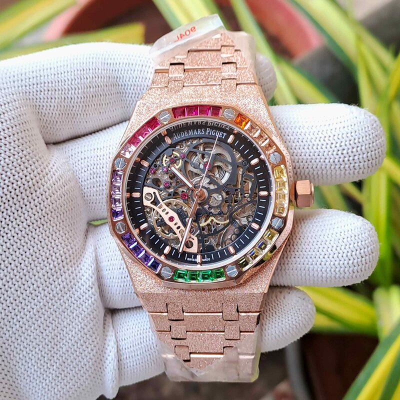 Audemars Piguet Royal Oak Full Rose Gold Black Skeleton Dial Dimond Bezel