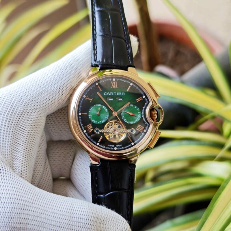 Cartier Ballon Bleu 45 Annual Calendar Gold Green Dial Black Leather