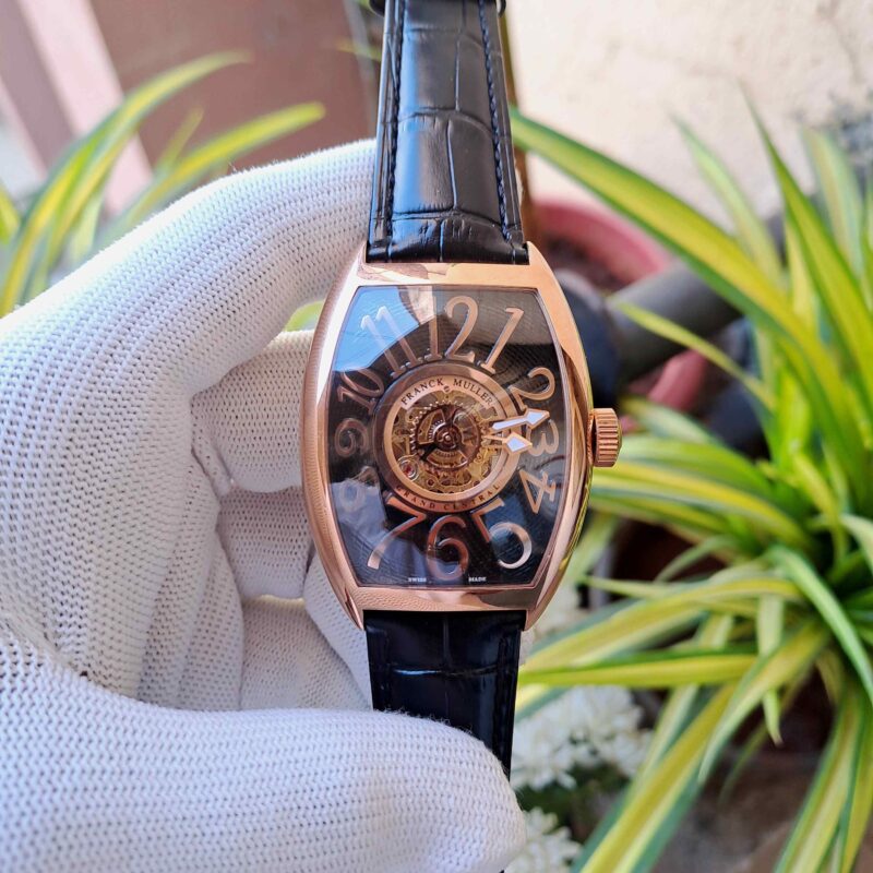 Franck Muller Cintree Curvex Rose Gold Black Dial Black Leather