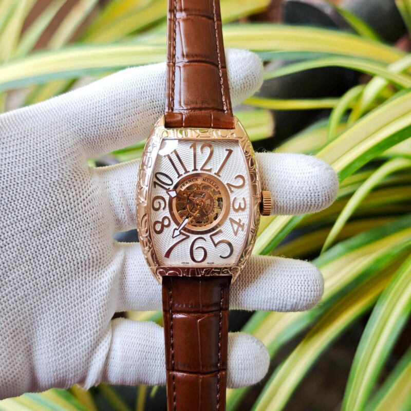 Franck Muller Cintree Curvex Rose Gold White Dial Brown Leather