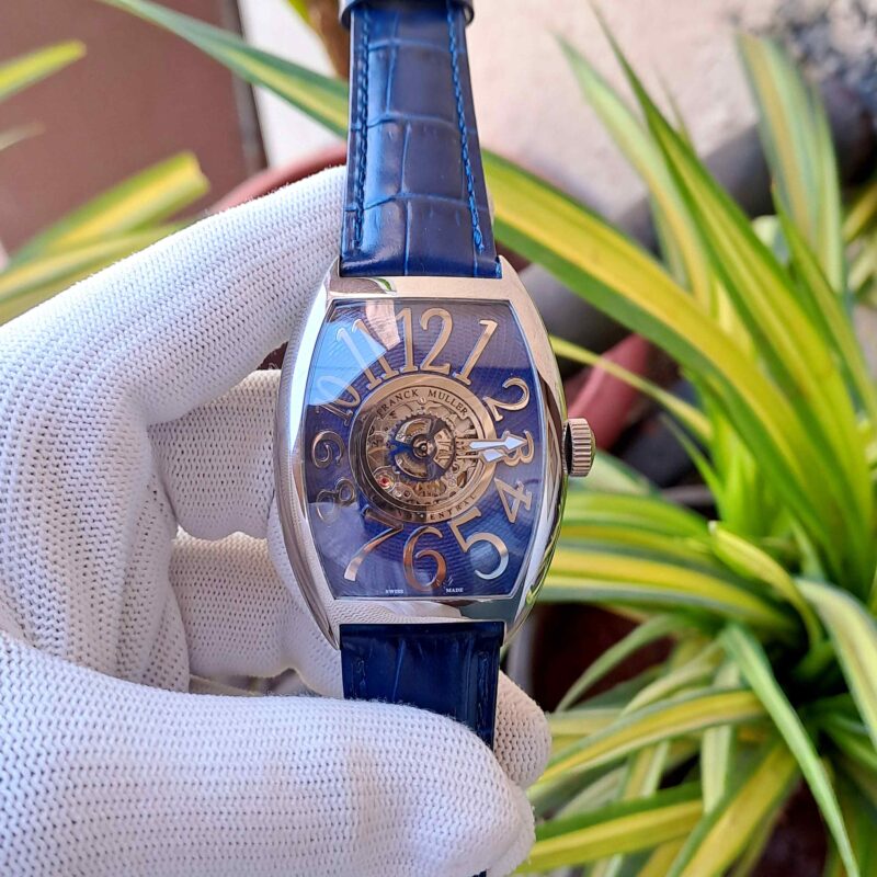 Franck Muller Cintree Curvex Silver Blue Dial Blue Leather