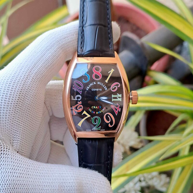 Franck Muller Crazy Hours Color Dreams Rose Gold Black Dial Black Leather