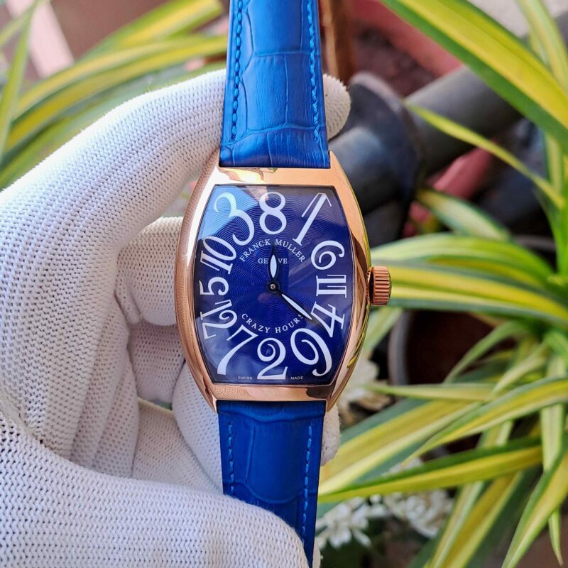 Franck Muller Crazy Hours Rose Gold Blue Dial Blue Leather