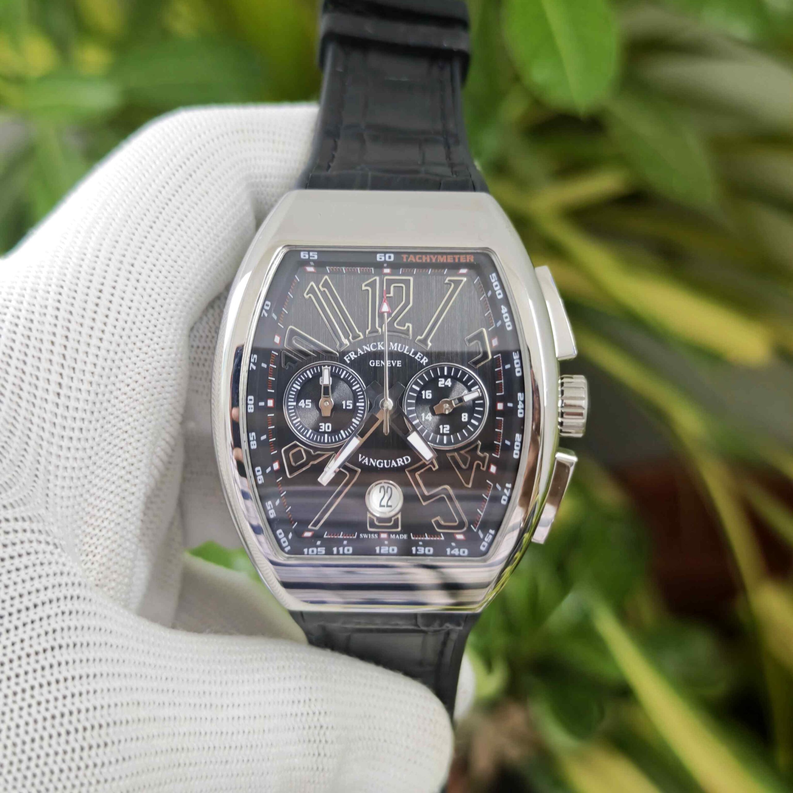 Franck Muller VANGAURD Chronograph Steel Black Dial Black Leather Strap