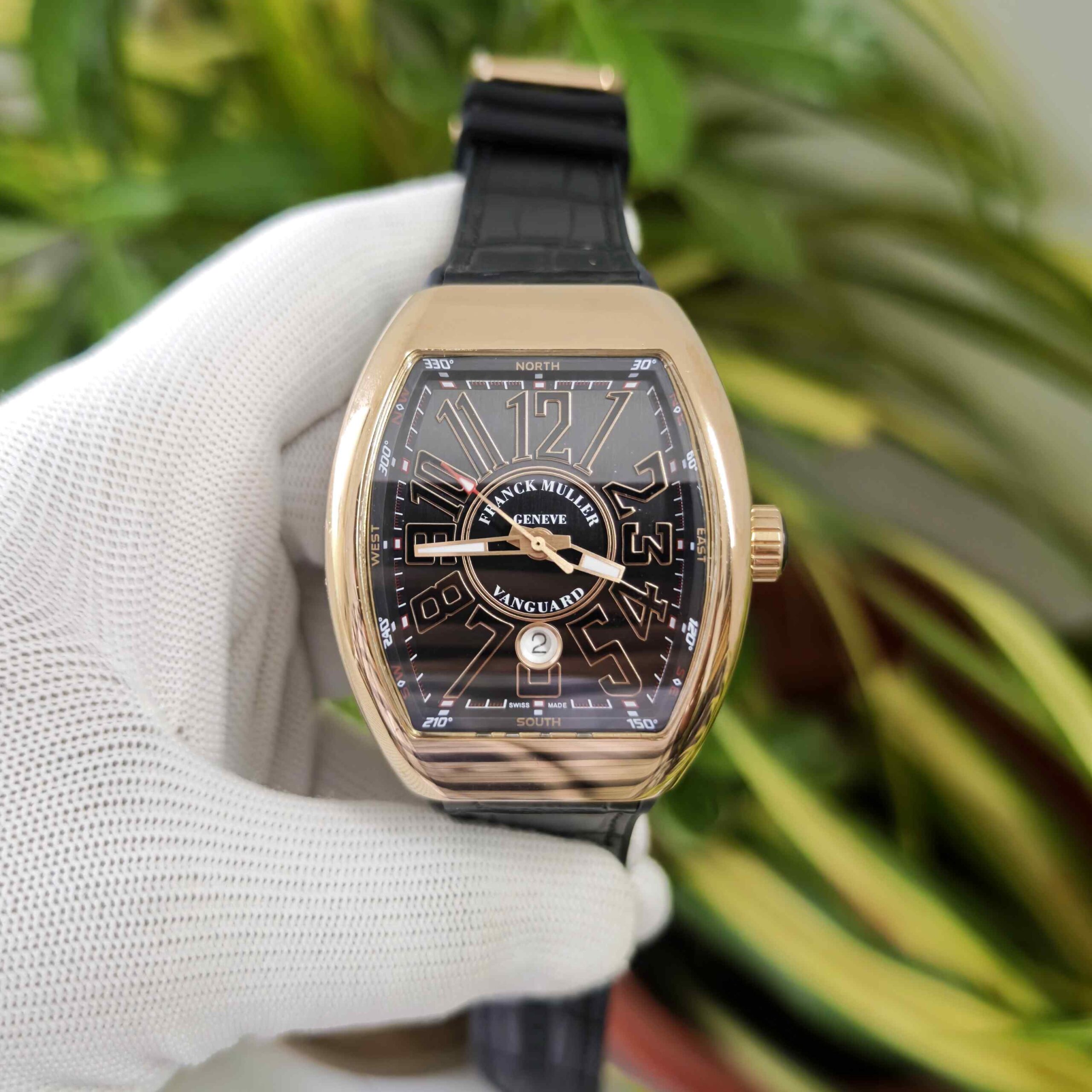 Franck Muller Vanguard Yachting Gold Black Dial Leather Strap