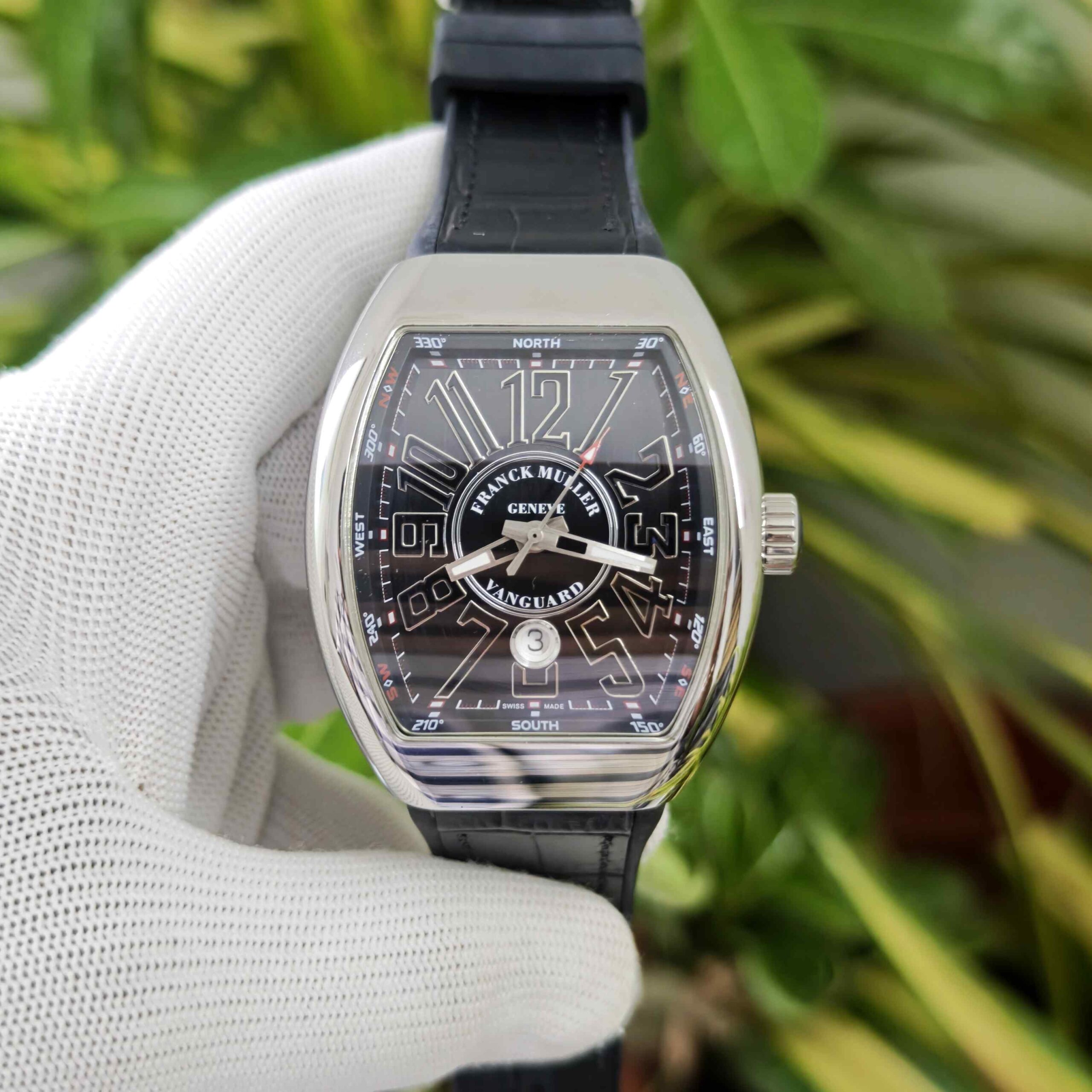 Franck Muller Vanguard Yachting Steel Black Dial Leather Strap