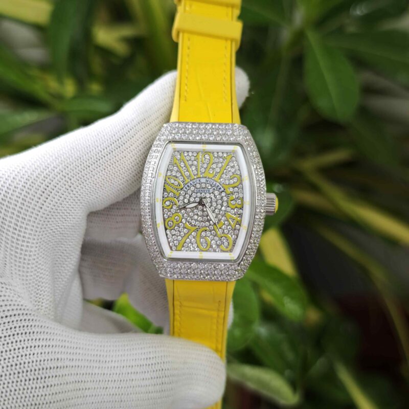 Franck muller cheap vanguard full diamond Steel Whte Diamond Dial Yellow Leather Strap