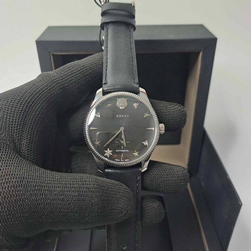 Gucci G-Timeless Black Leather Auto Back Open Black Dial
