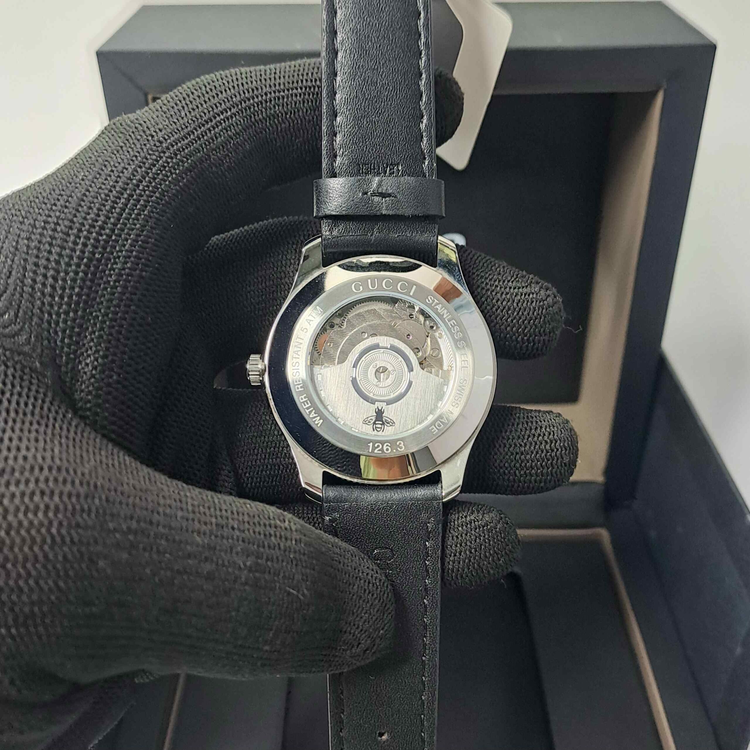 Gucci G-Timeless Black Leather Auto Back Open Black Dial - Image 2