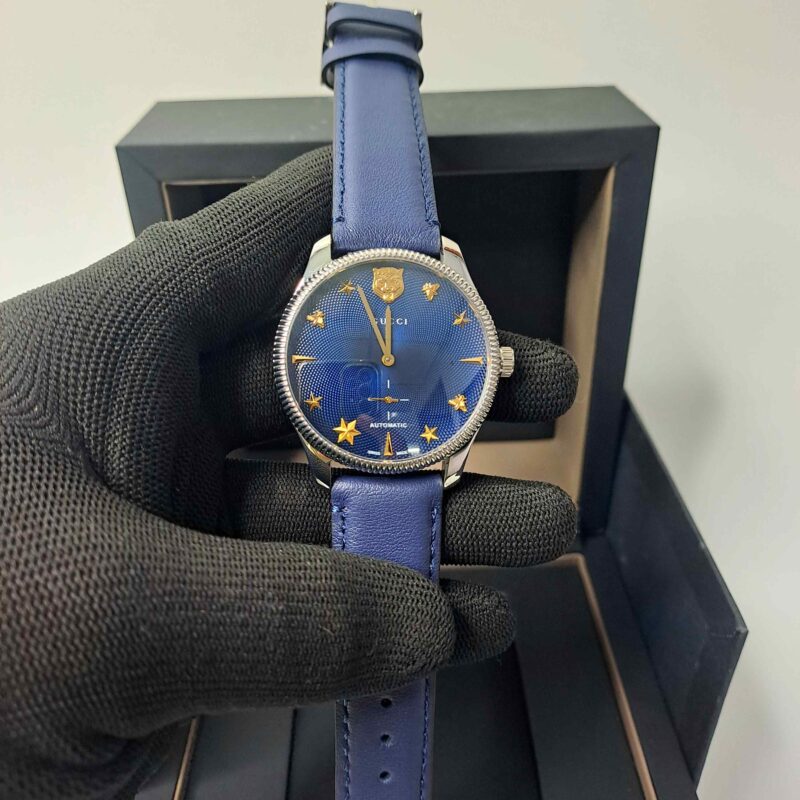 Gucci G-Timeless Blue Leather Auto Back Open Blue Dial