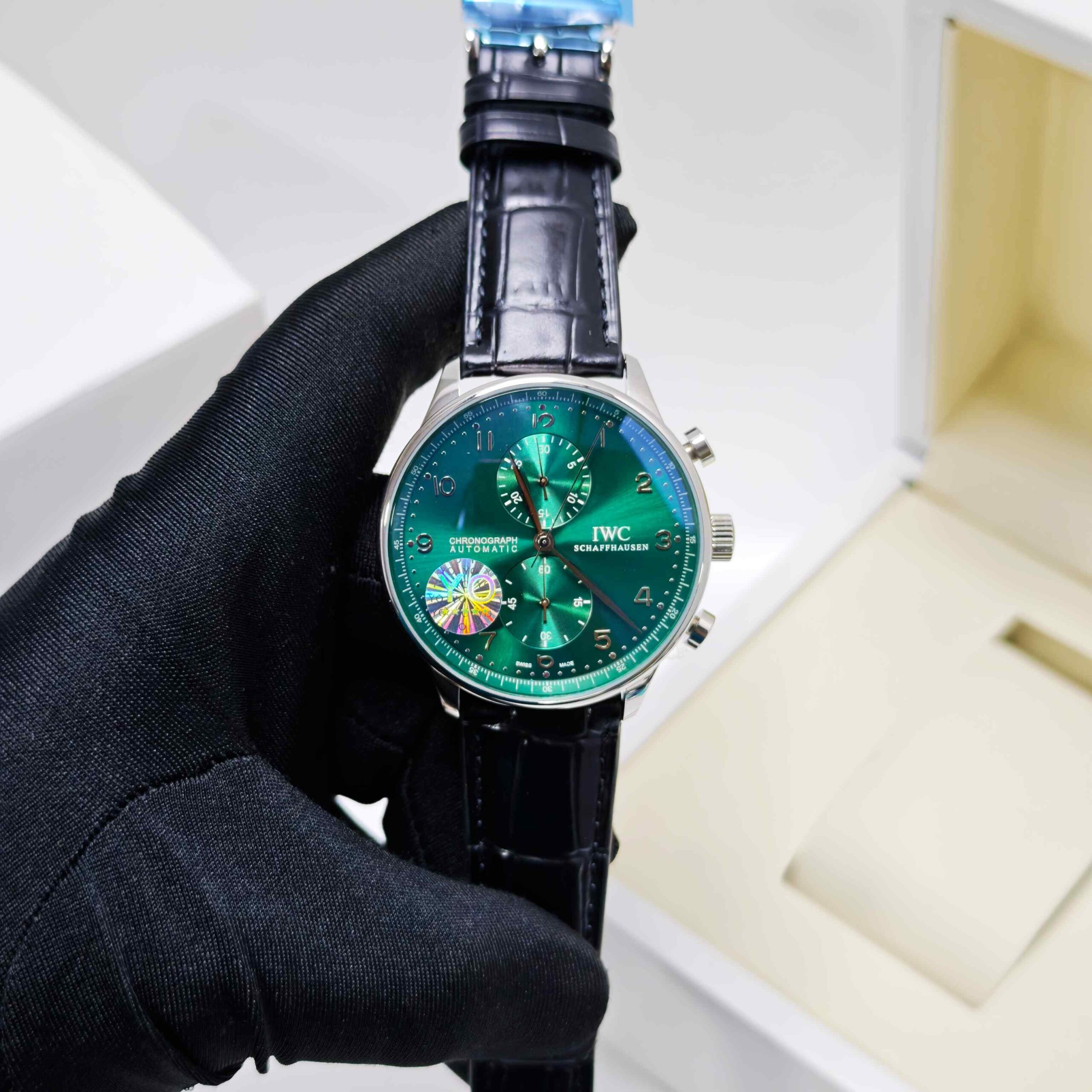 IWC Portugieser Chronograph Steel Green Dial Leather Strap