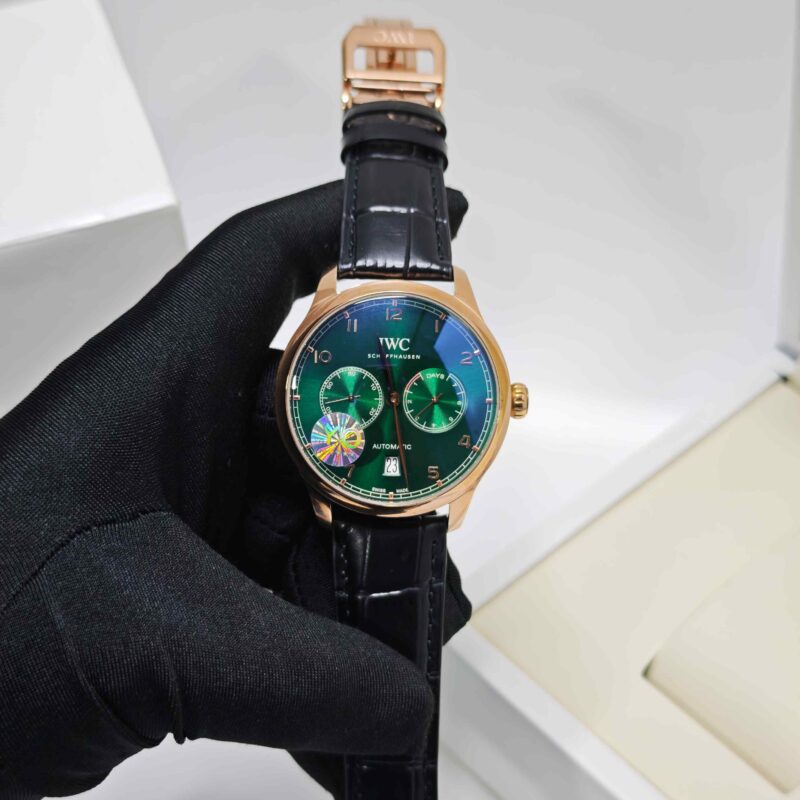 IWC Schaffhausen Portugieser Rose Gold Green Dial Black Leather Strap
