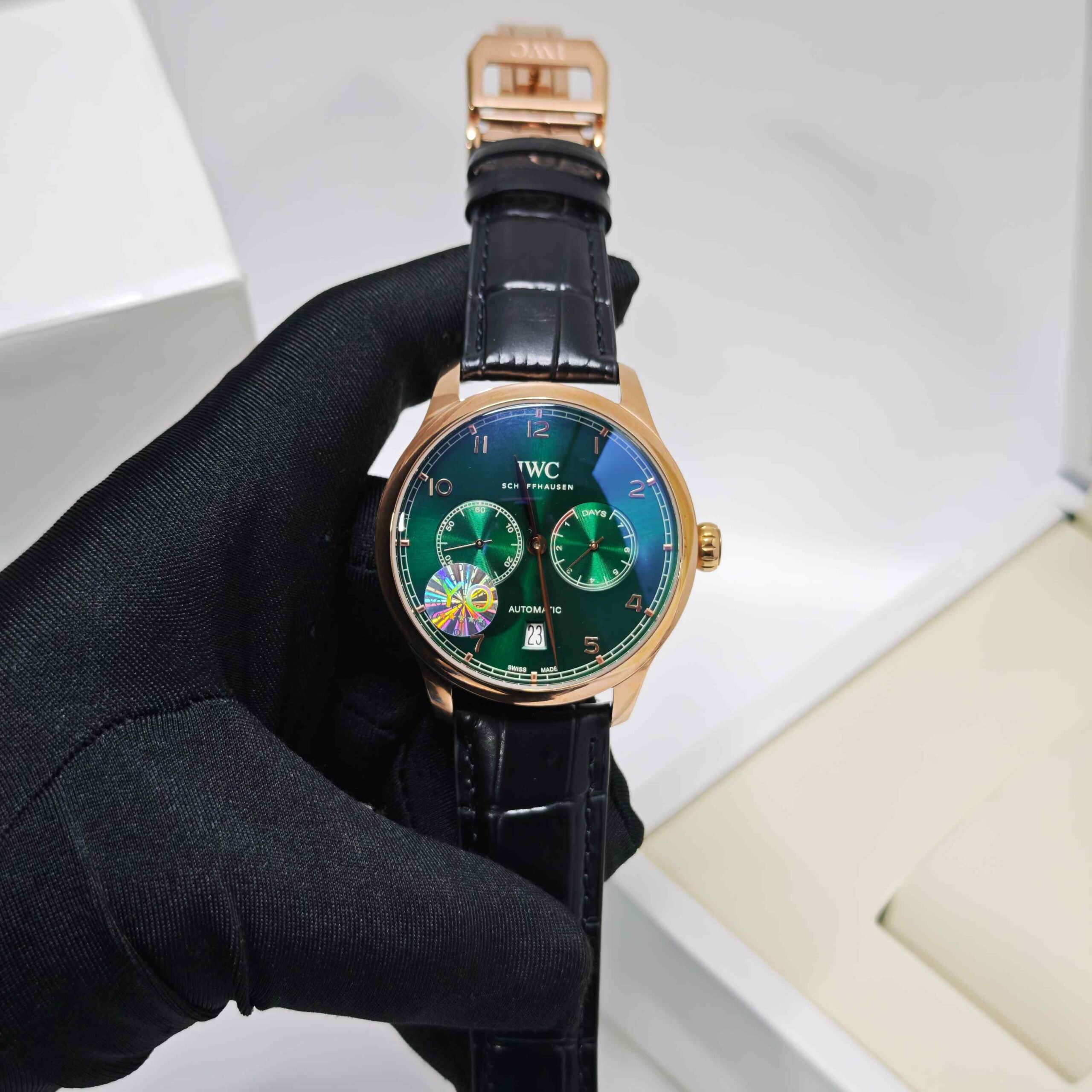 IWC Schaffhausen Portugieser Rose Gold Green Dial Black Leather Strap