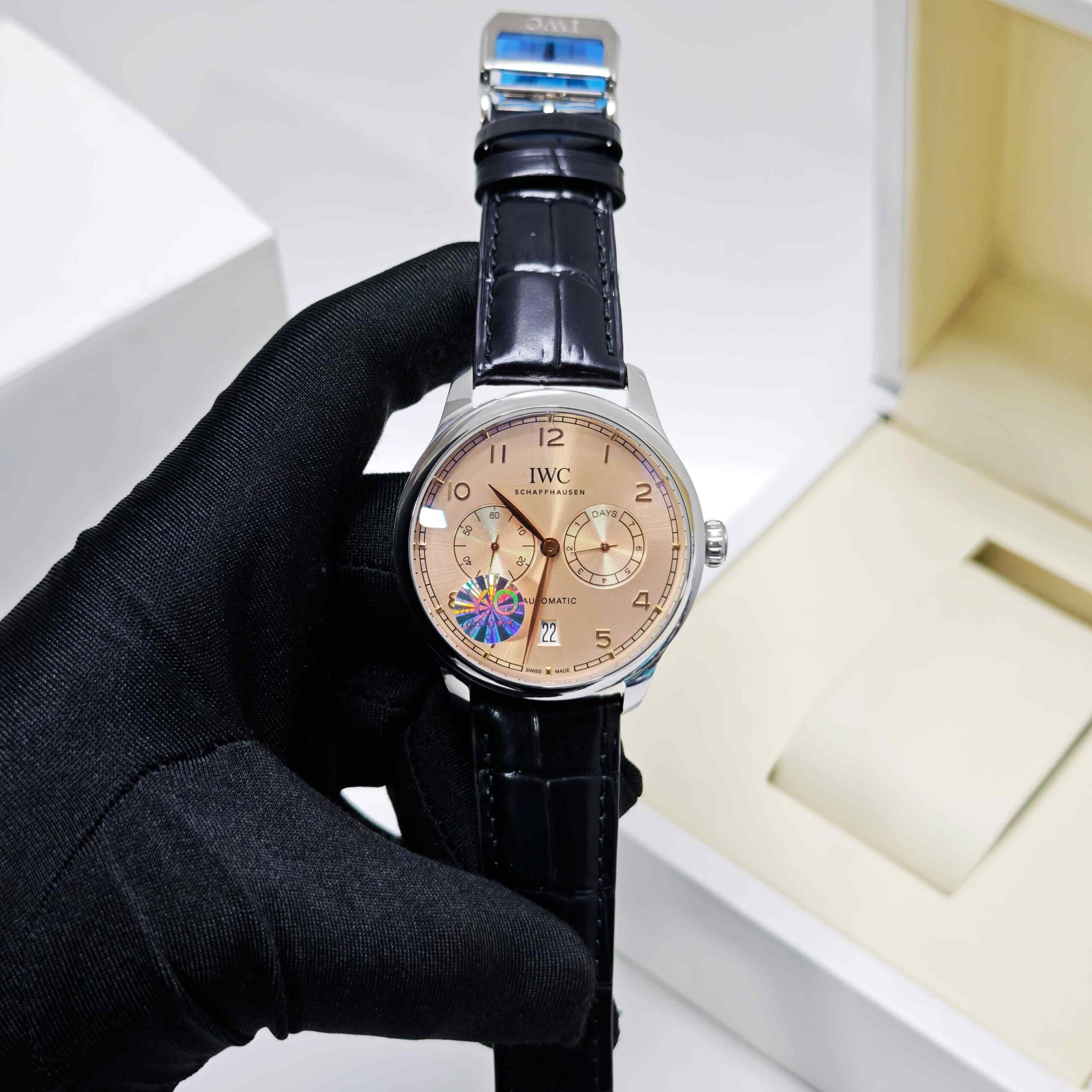 IWC Schaffhausen Portugieser Steel Beage Dial Black Leather Strap