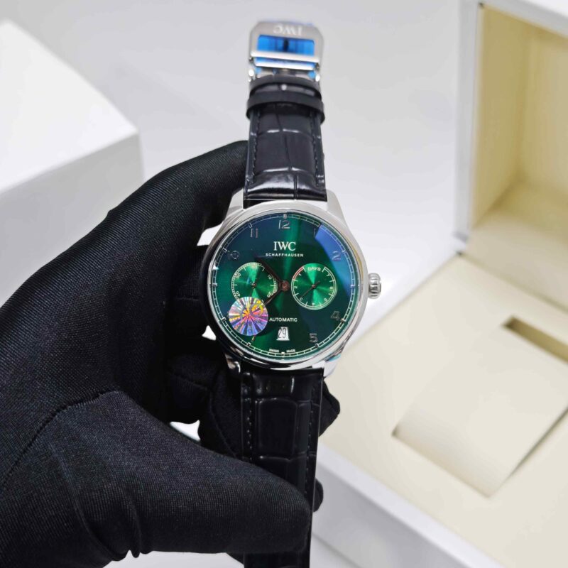 IWC Schaffhausen Portugieser Steel Green Dial Black Leather Strap