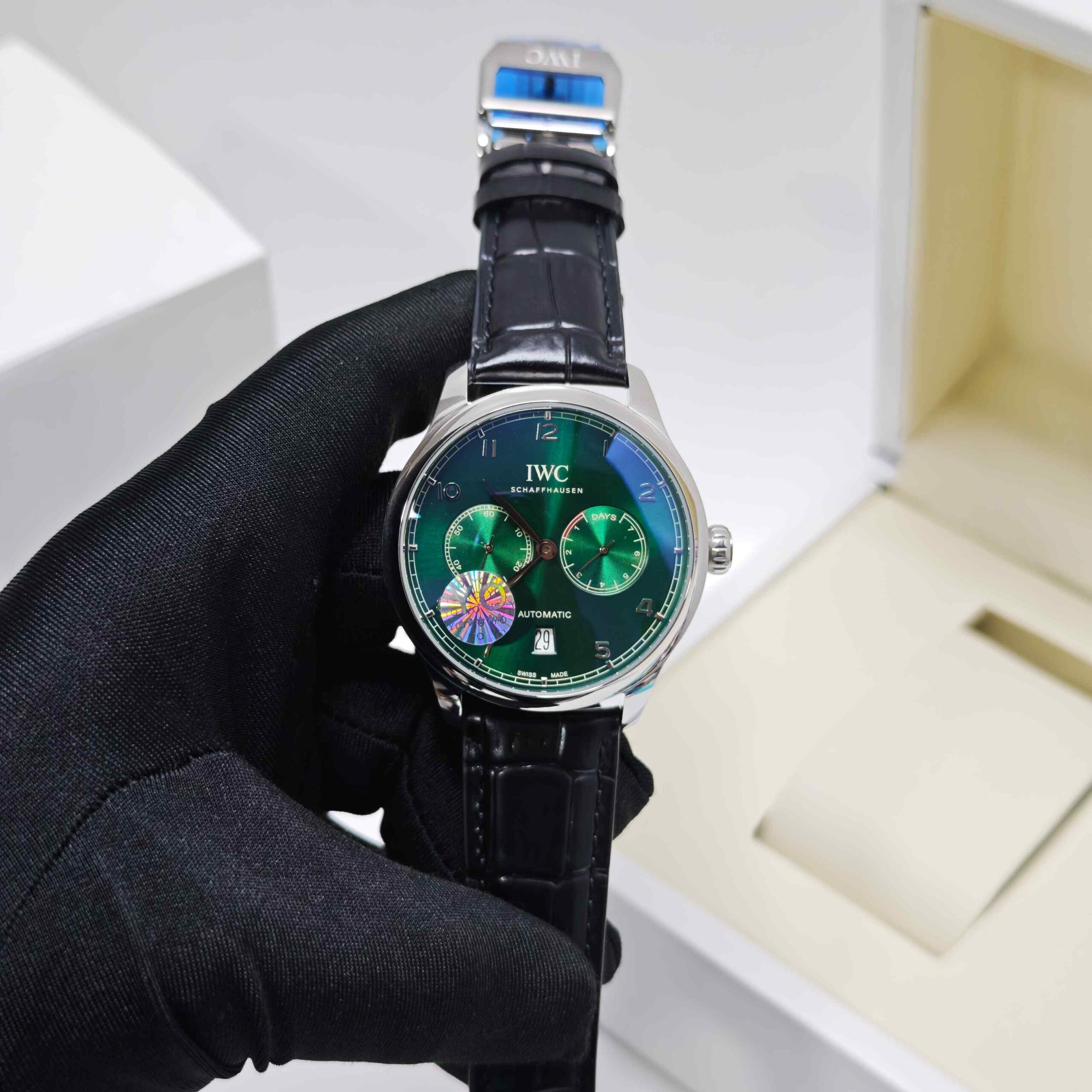 IWC Schaffhausen Portugieser Steel Green Dial Black Leather Strap