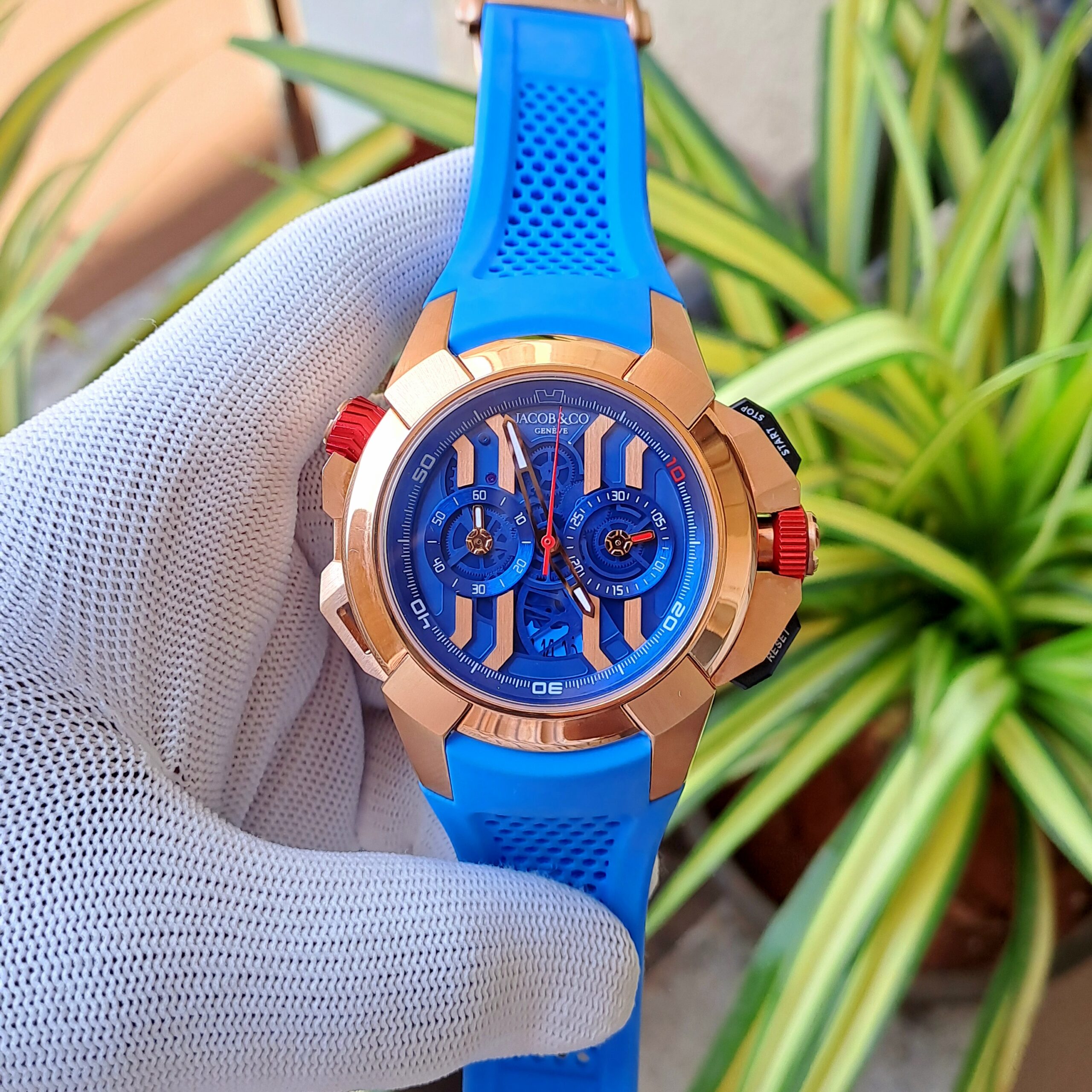 Jacob & Co Epic X Chronograph Rose Gold Blue Dial Blue Rubber