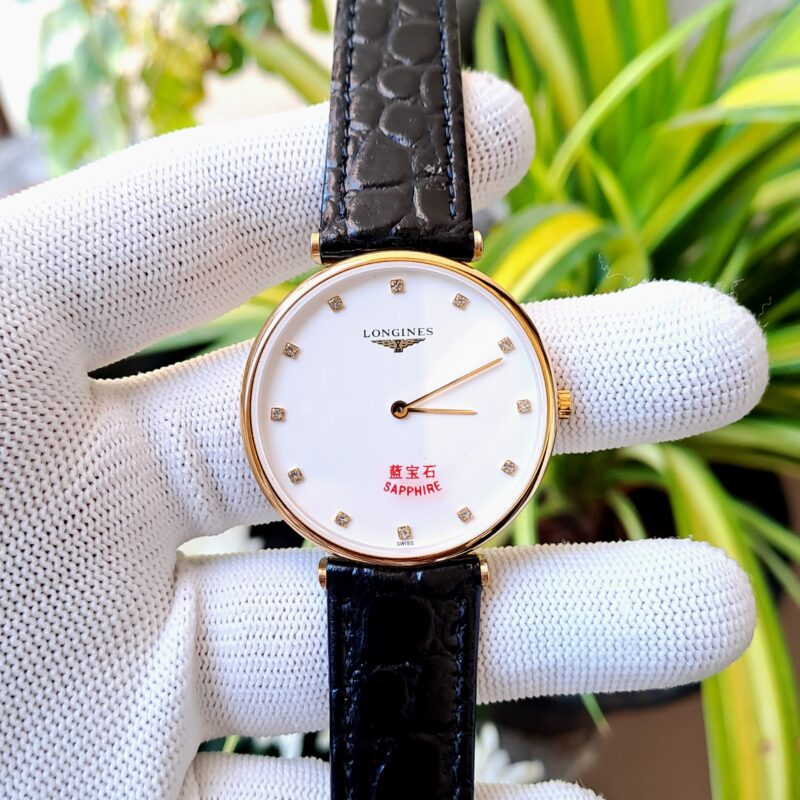 Longines La Grande Classique Diamond Rose Gold White Dial Black Leather Strap - Image 2
