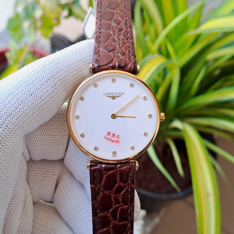 Longines La Grande Classique Diamond Rose Gold White Dial Brown Leather Strap - Image 2