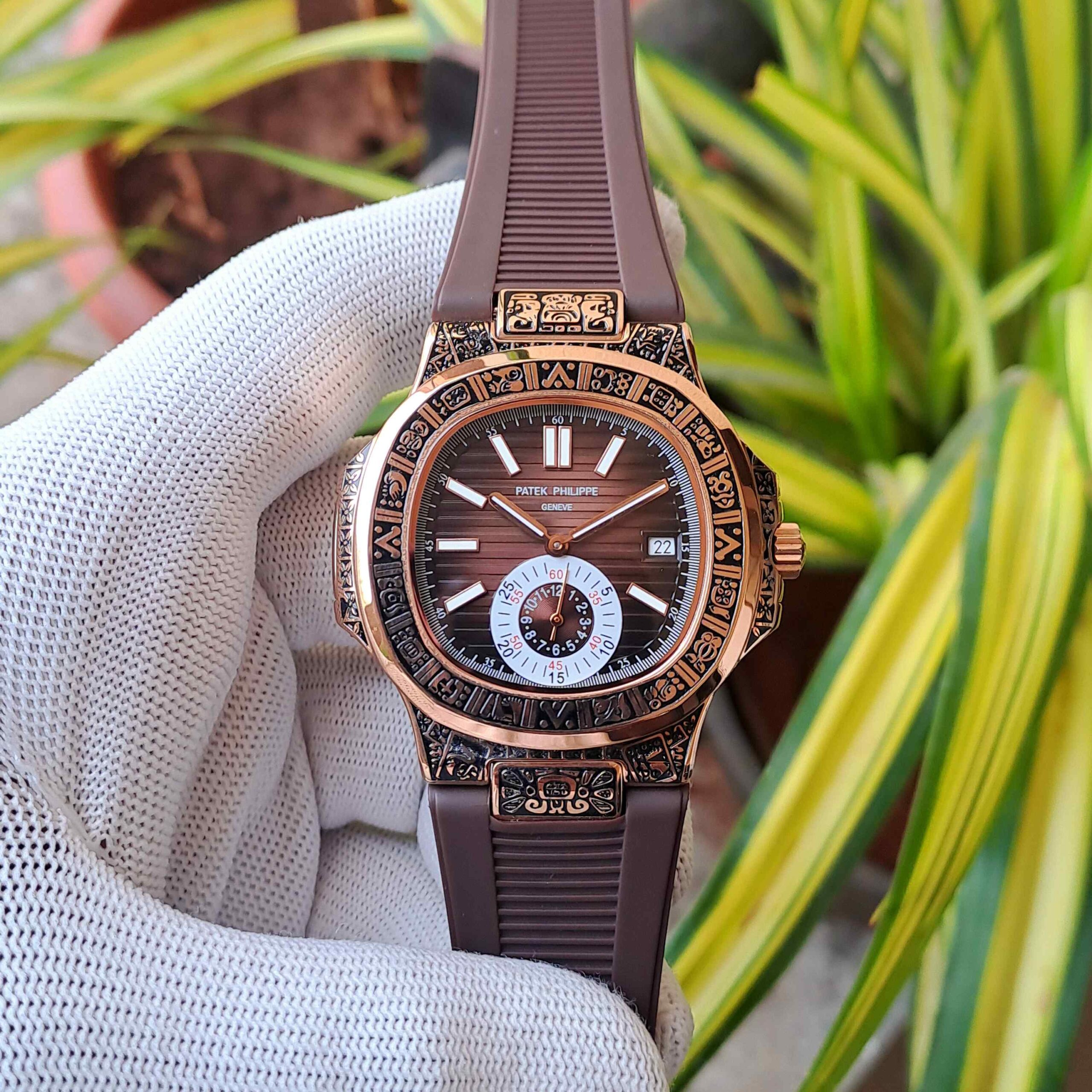 Patek Philippe Nautilus Engraved Rose Gold Brown Dial Brown Rubber