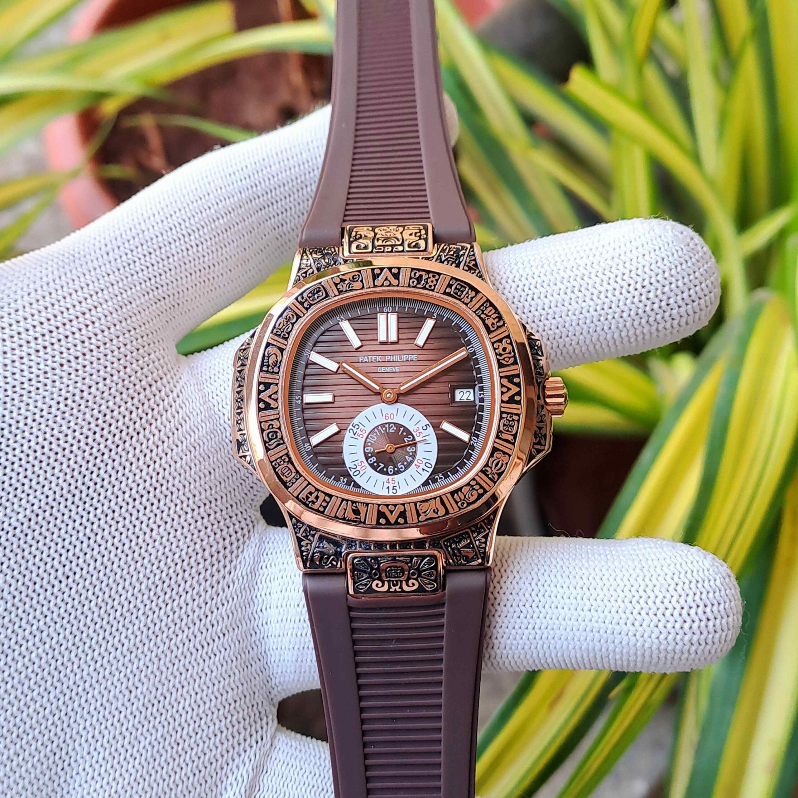 Patek Philippe Nautilus Engraved Rose Gold Brown Dial Brown Rubber - Image 2