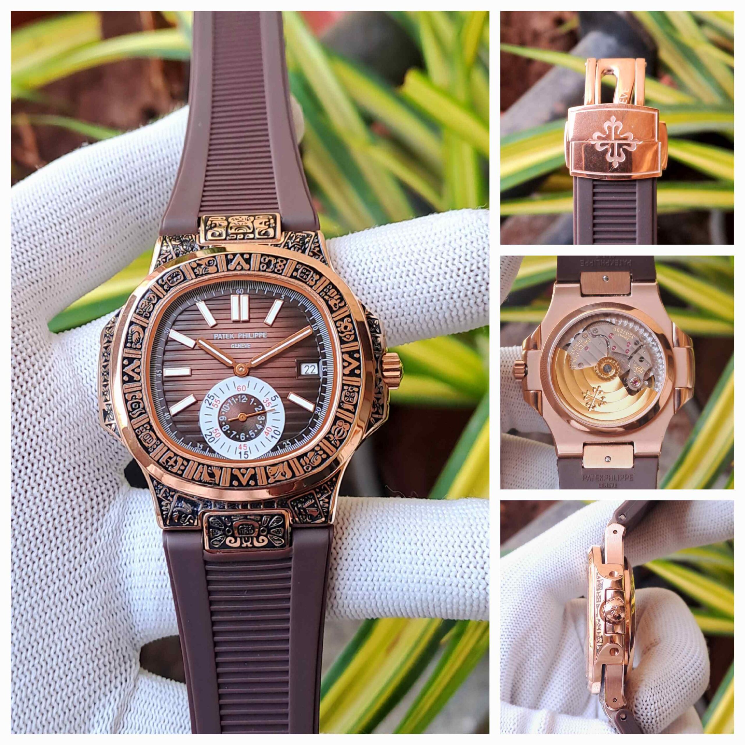 Patek Philippe Nautilus Engraved Rose Gold Brown Dial Brown Rubber - Image 4