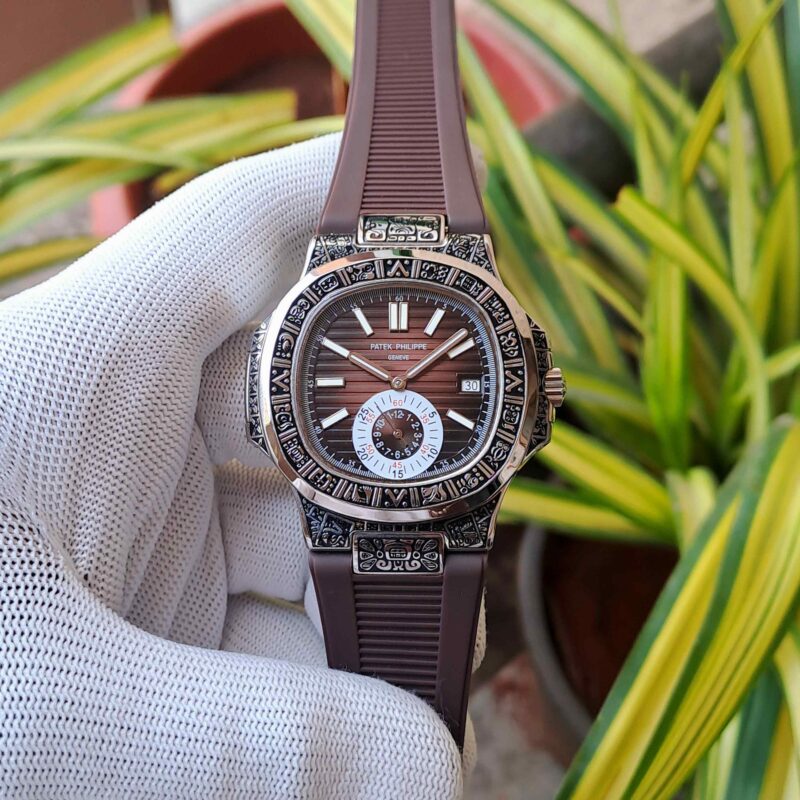 Patek Philippe Nautilus Engraved Silver Brown Dial Brown Rubber