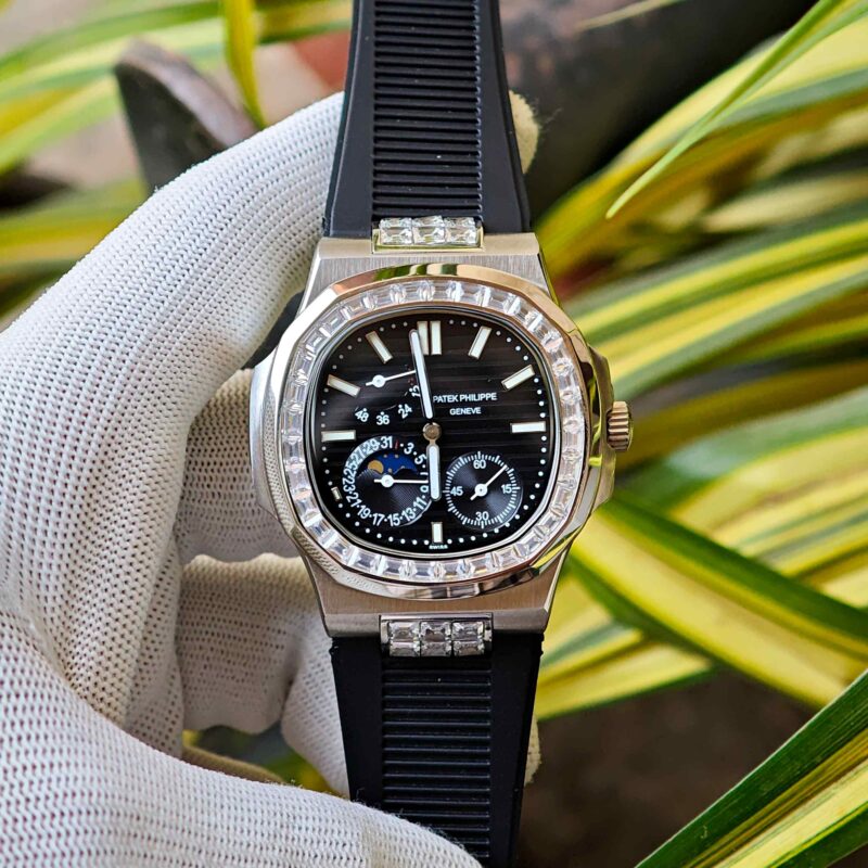 Patek Philippe Nautilus Moon Phase Diamond Baguette Black Dial