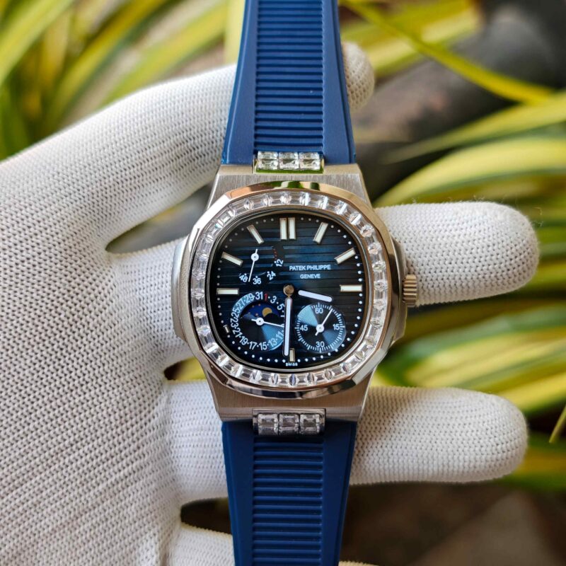 Patek Philippe Nautilus Moon Phase Diamond Baguette Blue Dial
