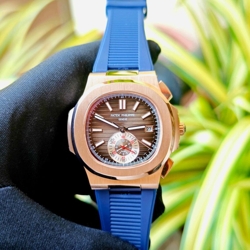 Patek Philippe Nautilus Polished Gold Brown Dial Blue Rubber