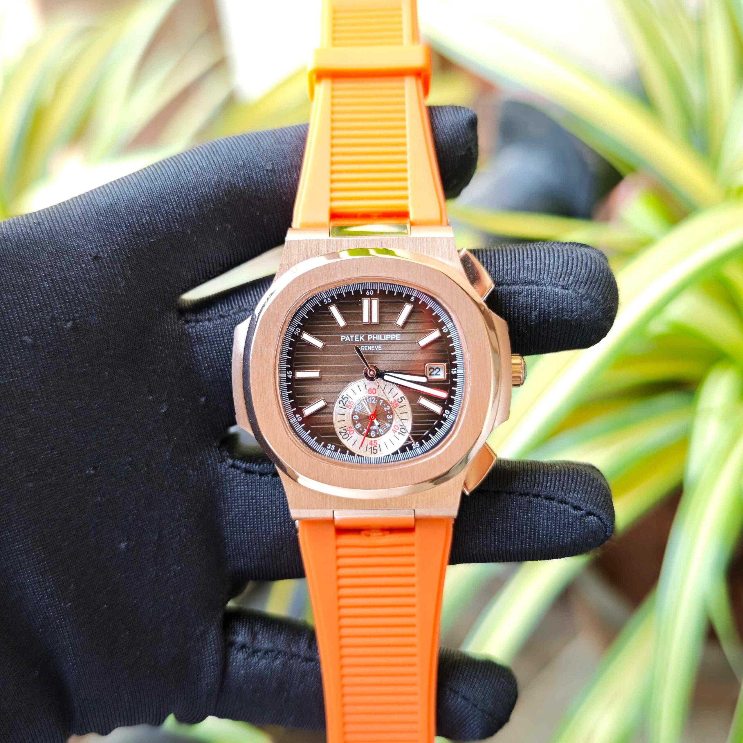 Patek Philippe Nautilus Polished Gold Brown Dial Orange Rubber - Image 2