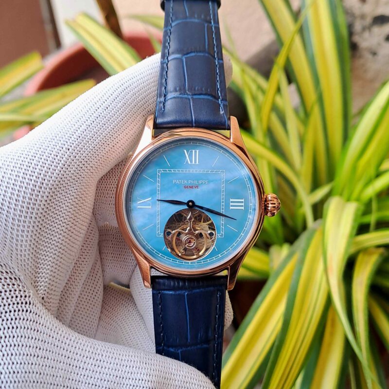 Patek Philippe Tourbillon Rose Gold Blue Dial Leather Strap