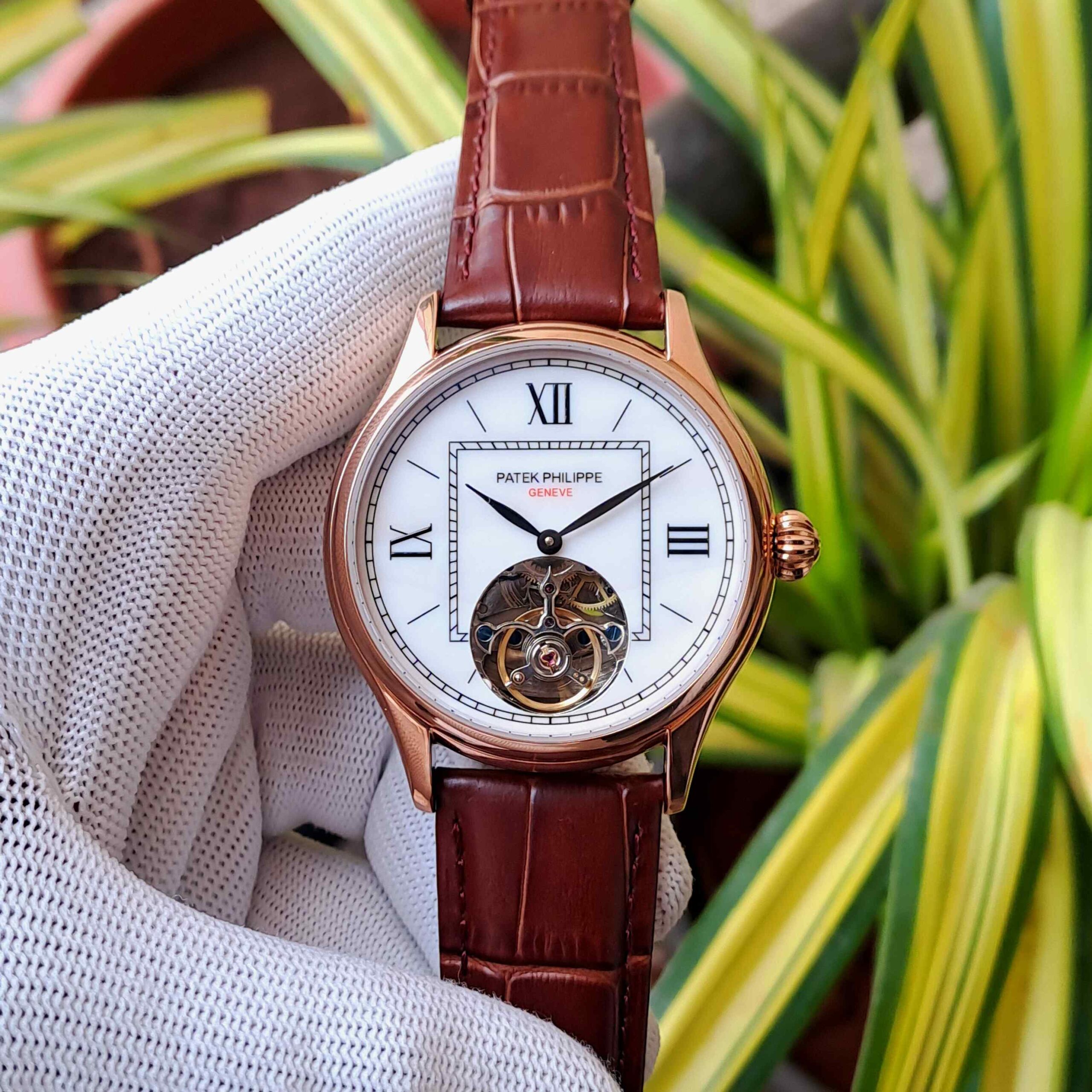 Patek Philippe Tourbillon Rose Gold White Dial Brown Leather