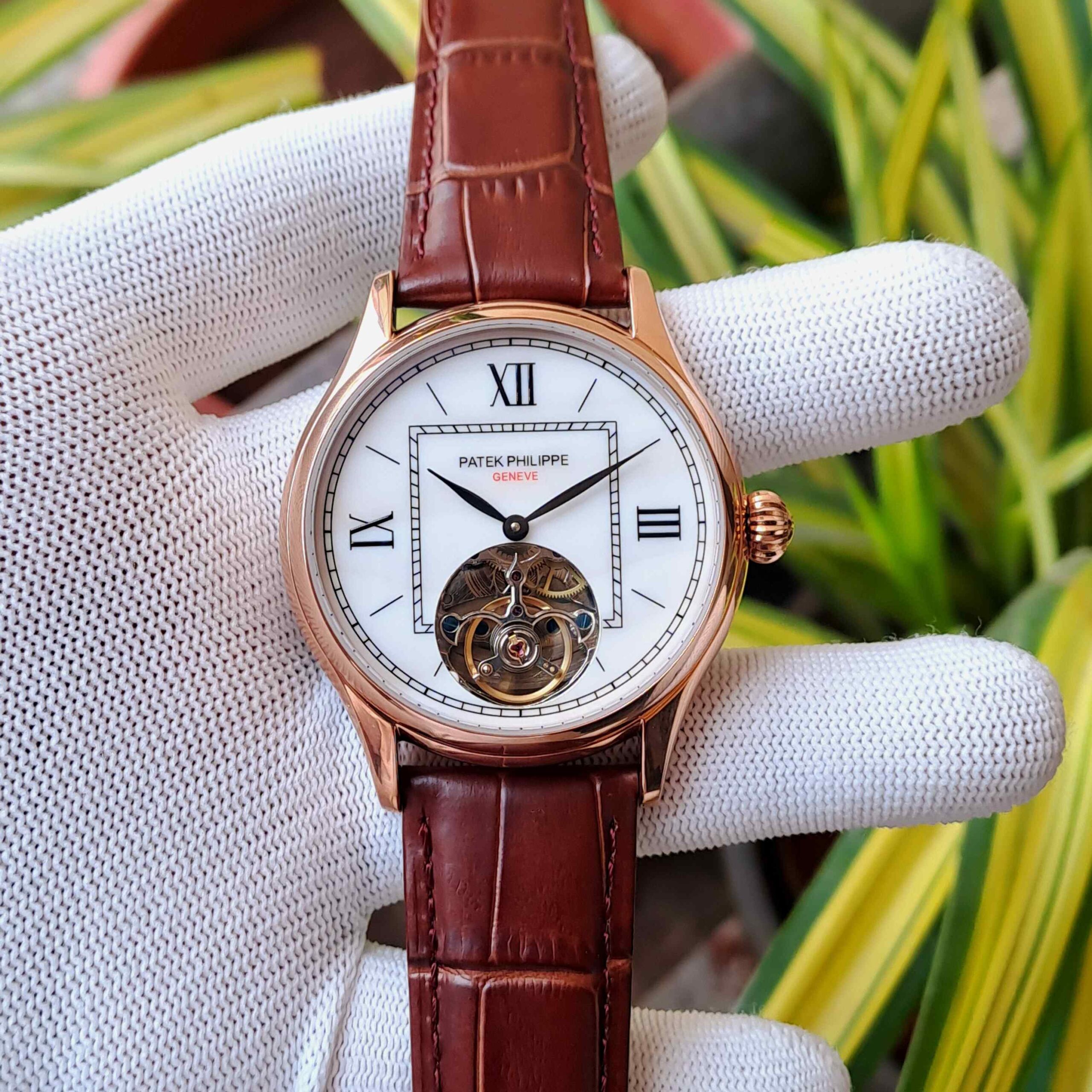 Patek Philippe Tourbillon Rose Gold White Dial Brown Leather - Image 2