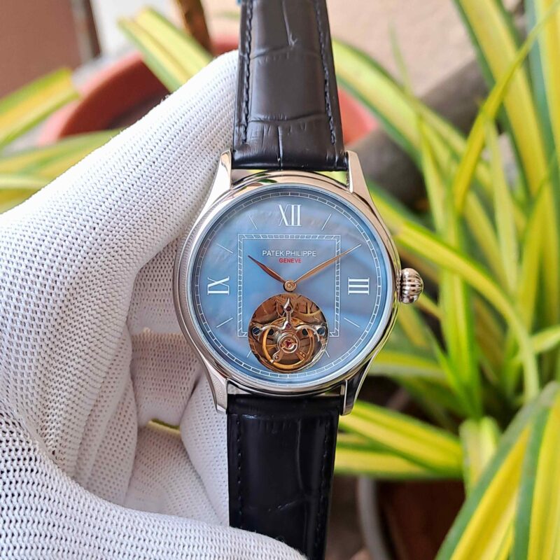 Patek Philippe Tourbillon Silver Blue Dial Leather Strap