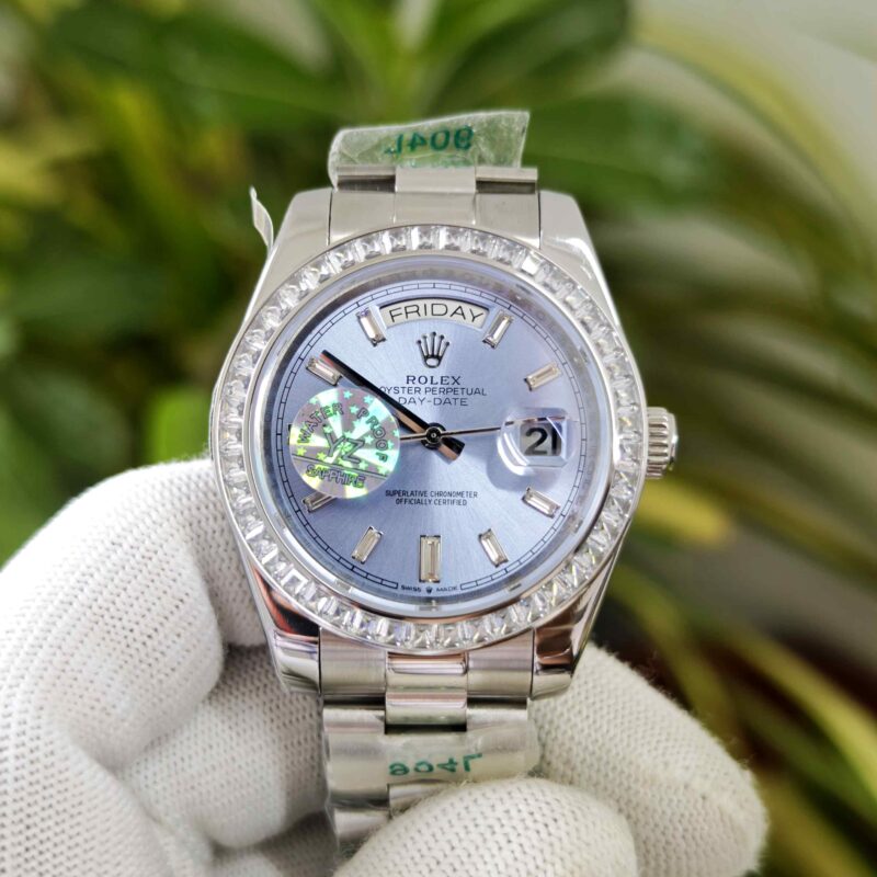 Rolex Day-Date Steel Diamond Bezel Roman Marker Ice Blue Dial