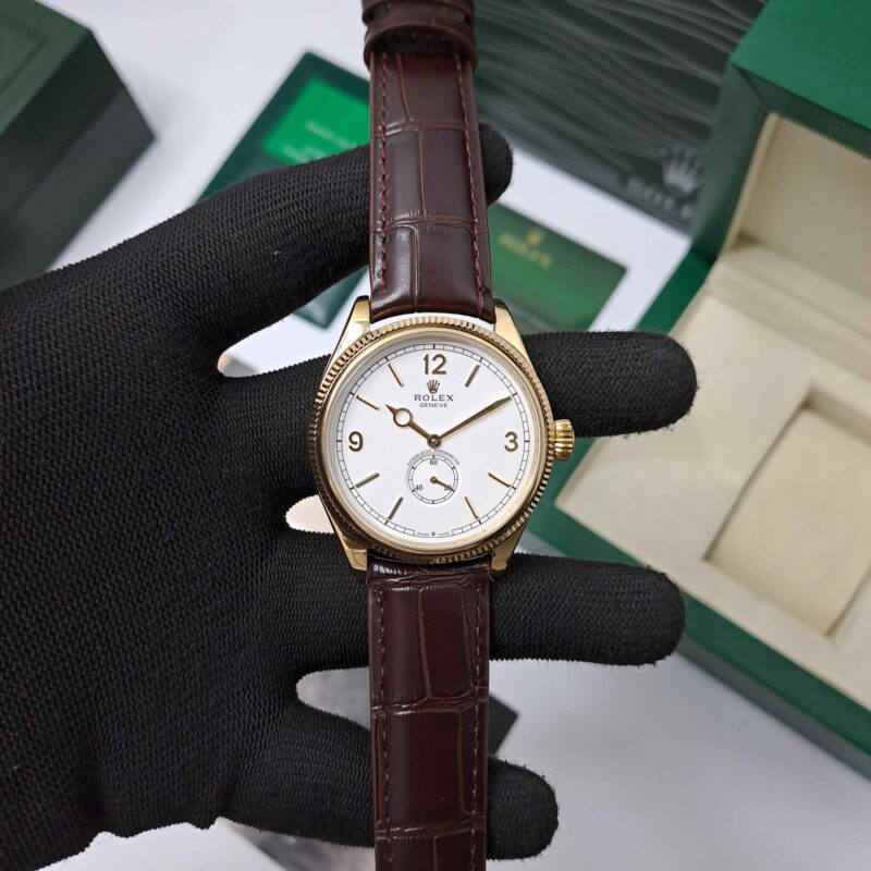 Rolex Perpetual 1908 Gold White Dial Brown Leather