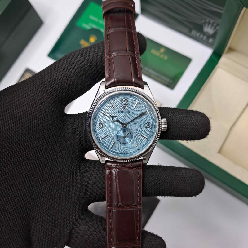 Rolex Perpetual 1908 Silver Blue Dial Brown Leather
