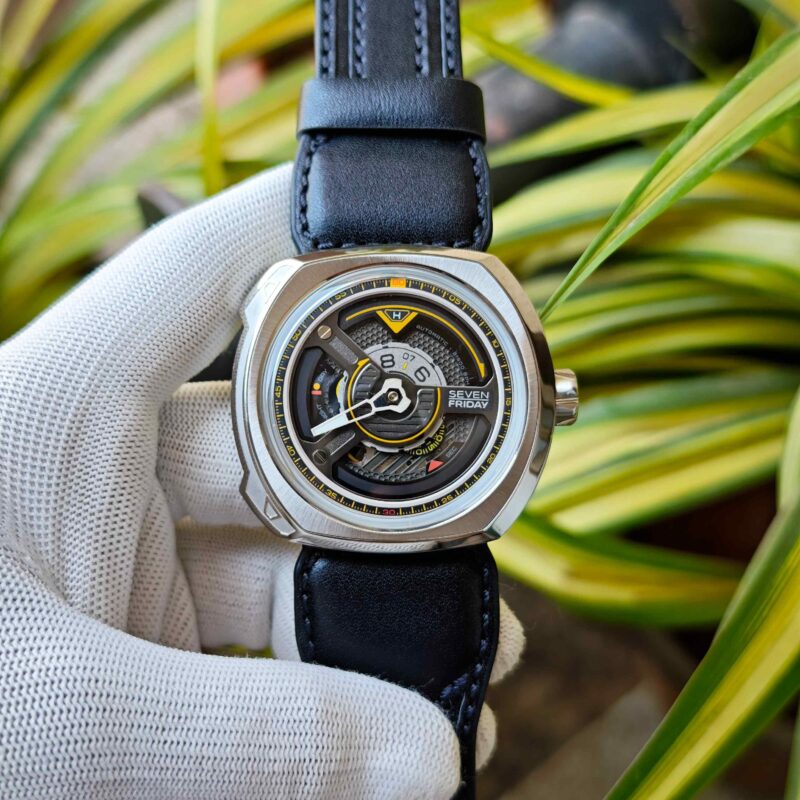 SevenFriday SF W1-01 The Blade Striking Steel Black Skeleton Dial Black Leather