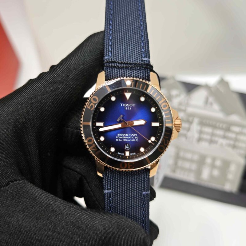 Tissot Seastar 1000 Powermatic 80 Rose Gold Blue Dial Blue Nylon Strap