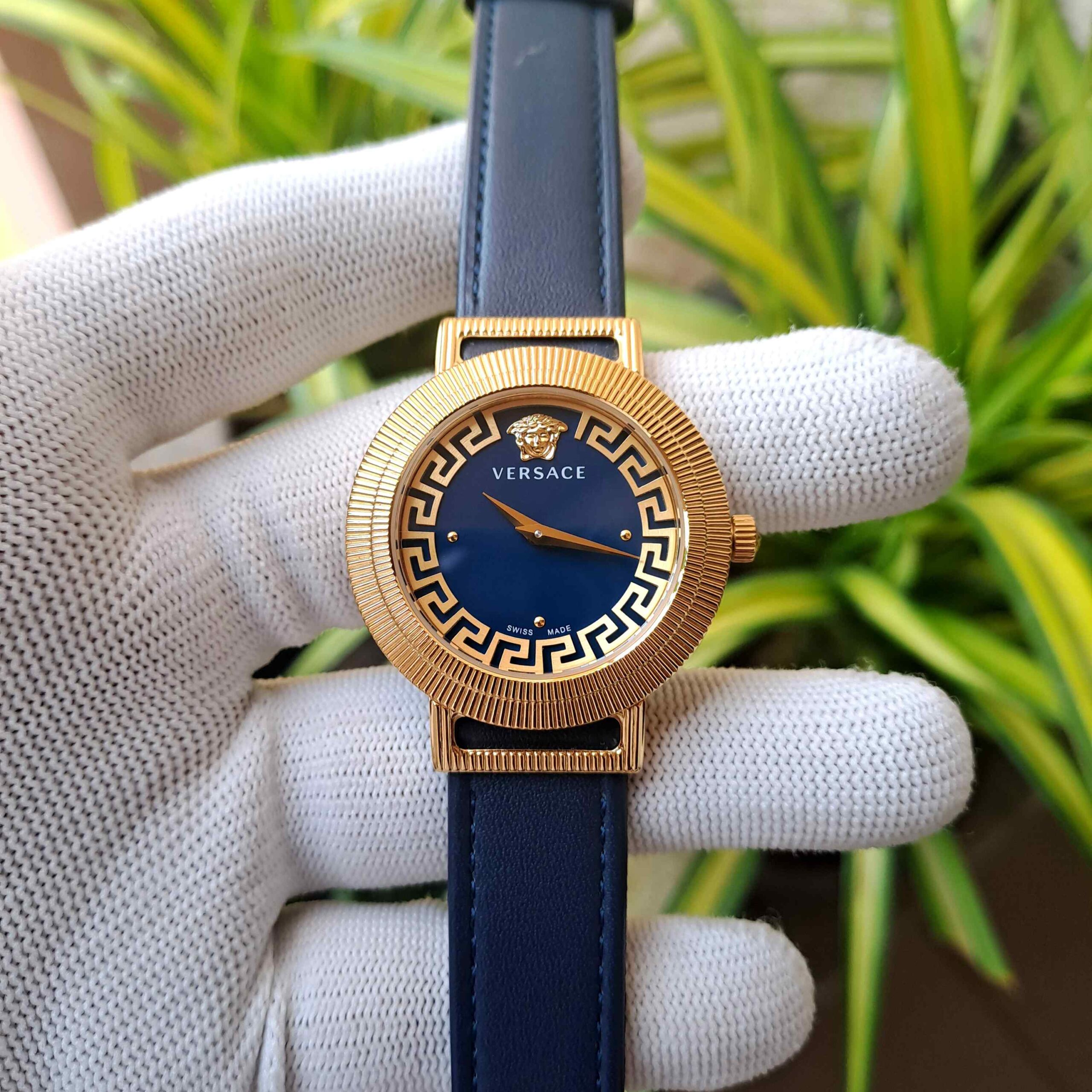 Versace Greca Chic Gold Blue Dial Leather Strap - Image 2
