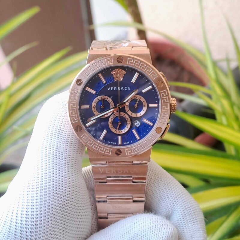 Versace Greca Logo Chronograph Full Rose Gold Blue Dial