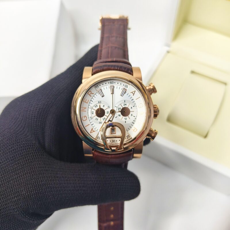 Aigner Bari Rose Gold Chronograph White Dial Brown Leather