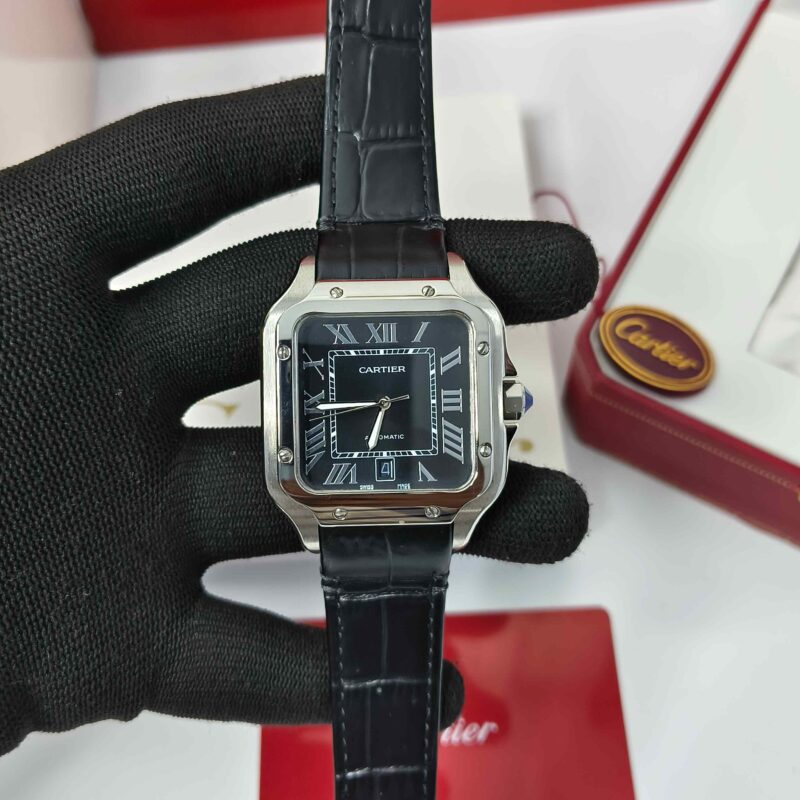 Cartier Santos De Silver Black Dial Black Leather