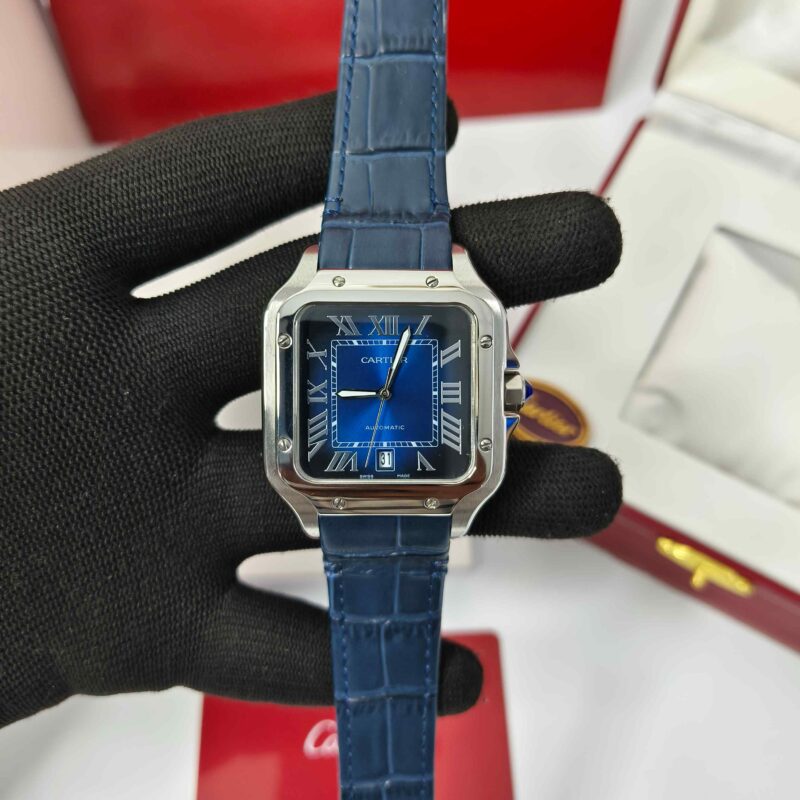 Cartier Santos De Silver Blue Dial Blue Leather