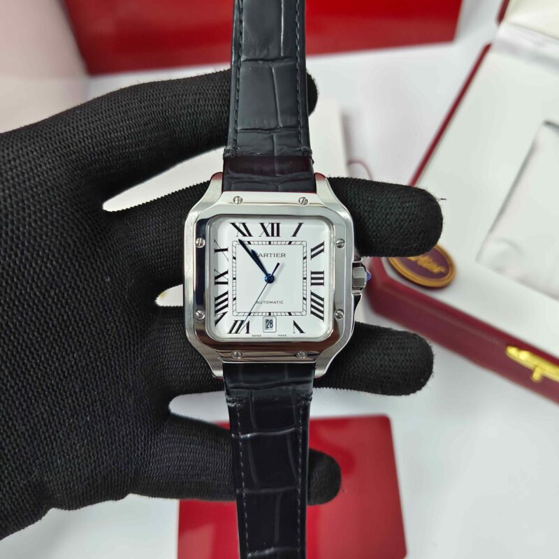 Cartier Santos De Silver White Dial Black Leather