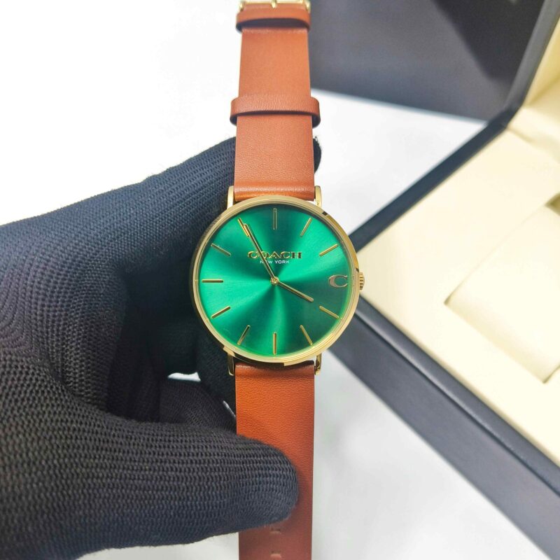 Coach Charles Gold Green Dial Brown Leather