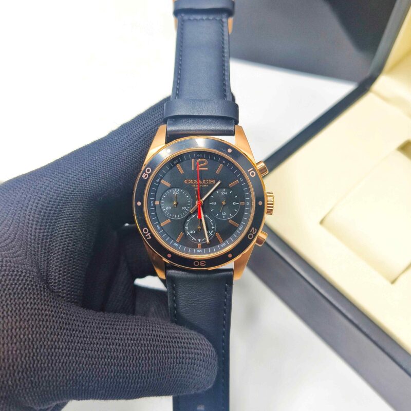Coach Kent Chronograph Rose Gold Black Dial Black Leather Strap